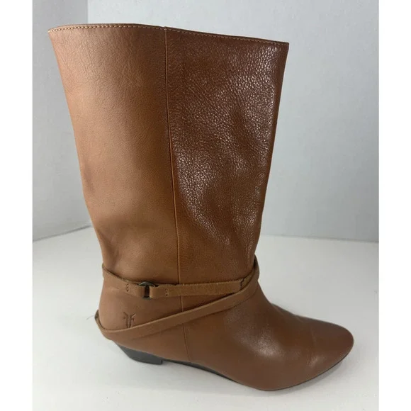 Frye Mid Calf Leather Boots Pull On Harness Strappy Brown Women's 8.5 M 37444 - Picture 3 of 16